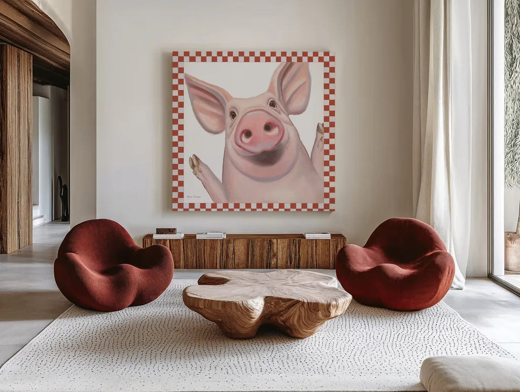 Farm Friends IV Border by Myles Sullivan. Shown as extra-large giant wall art in a modern living room. Available as an archival giclee rolled canvas, fine art paper, or poster print. SKU 36695a.