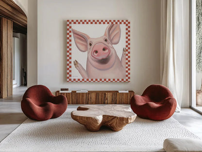 Farm Friends IV Border by Myles Sullivan. Shown as extra-large giant wall art in a modern living room. Available as an archival giclee rolled canvas, fine art paper, or poster print. SKU 36695a.