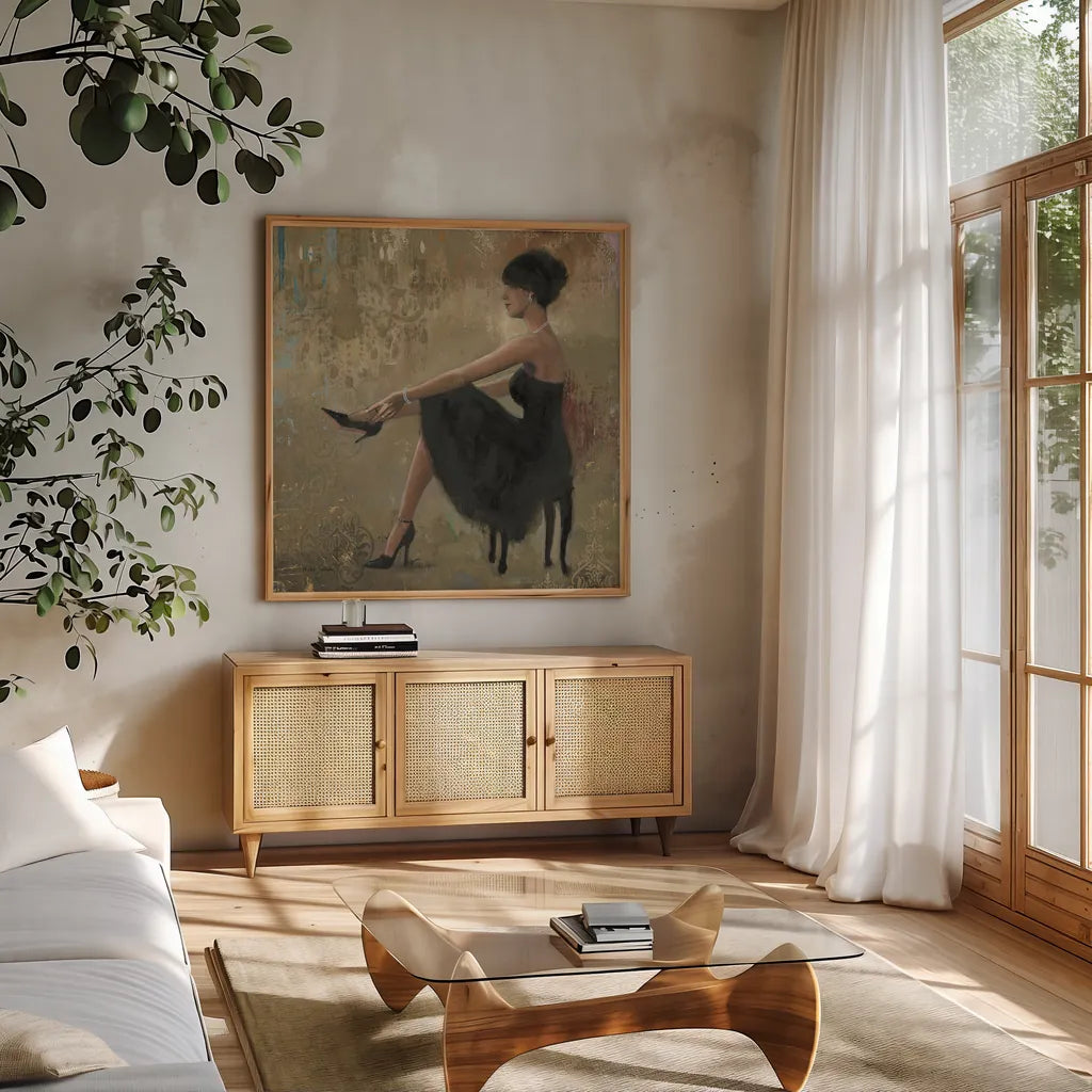 Grand Evening Square by Myles Sullivan. Shown in a natural wood frame in a cozy modern living room. Available as an archival giclee rolled canvas, fine art paper, or poster print. SKU 14847a.