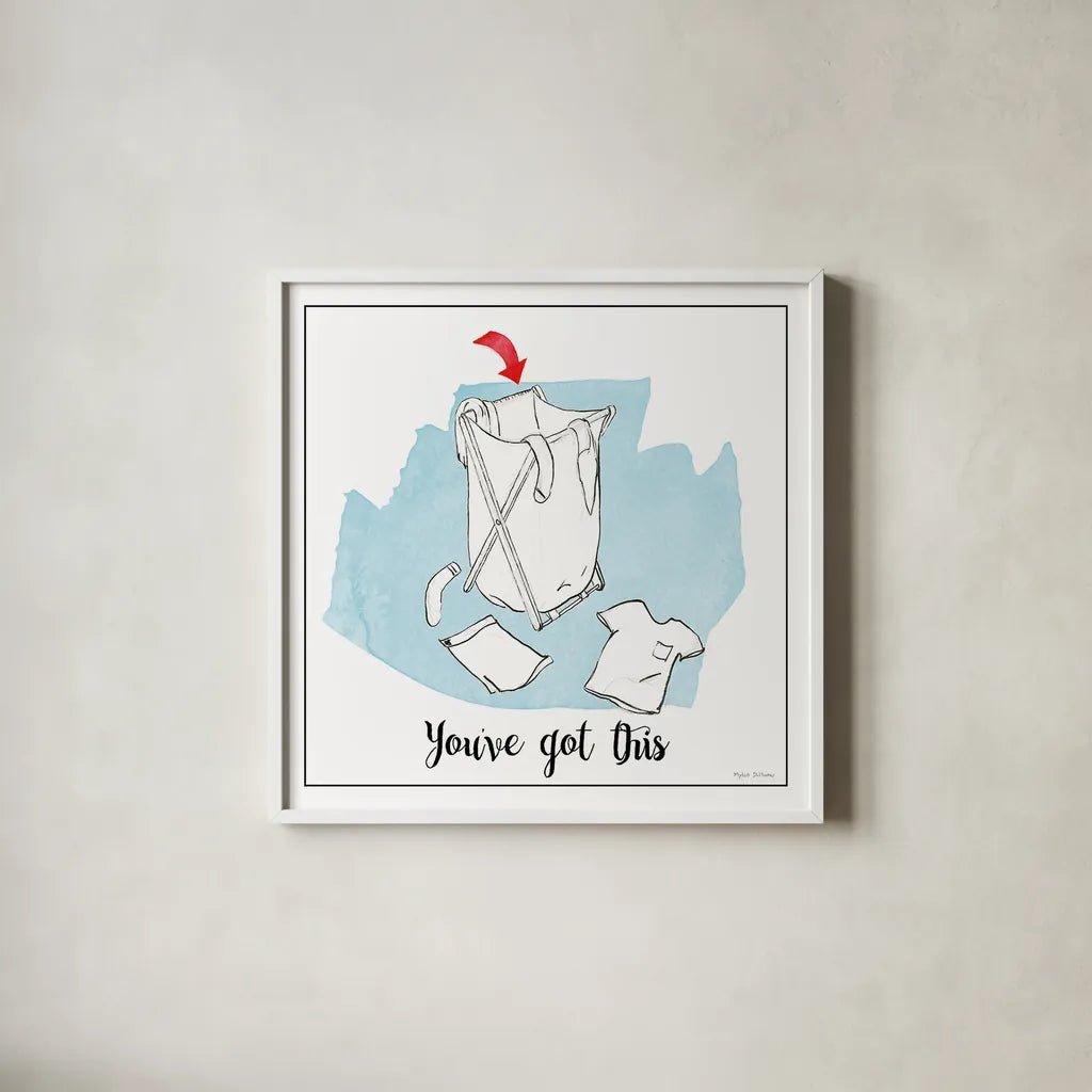 Home Improvement II with Color Script by Myles Sullivan. Shown in a crisp white glass frame for a clean and minimalist style. Available as an archival giclee rolled canvas, fine art paper, or poster print. SKU 34571a.