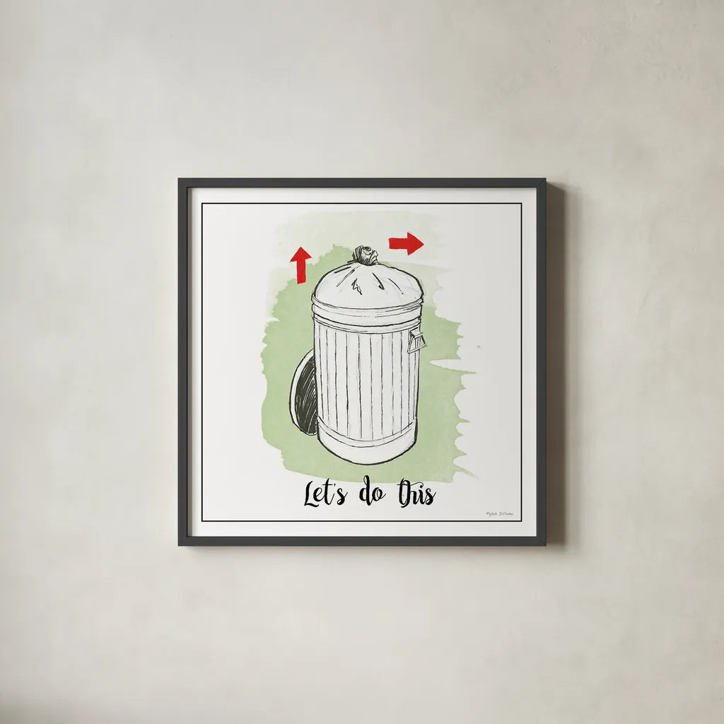 Home Improvement III with Color Script by Myles Sullivan. Shown in a sleek black glass frame for a contemporary gallery look. Available as an archival giclee rolled canvas, fine art paper, or poster print. SKU 34572a.