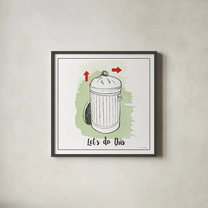 Home Improvement III with Color Script by Myles Sullivan. Shown in a sleek black glass frame for a contemporary gallery look. Available as an archival giclee rolled canvas, fine art paper, or poster print. SKU 34572a.