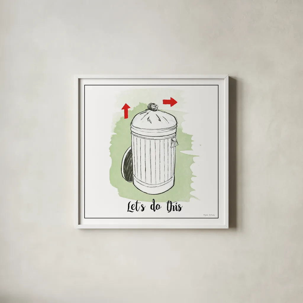 Home Improvement III with Color Script by Myles Sullivan. Shown in a crisp white glass frame for a clean and minimalist style. Available as an archival giclee rolled canvas, fine art paper, or poster print. SKU 34572a.