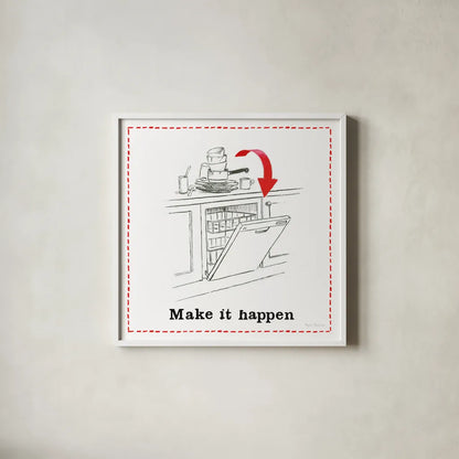 Home Improvement V by Myles Sullivan. Shown in a crisp white glass frame for a clean and minimalist style. Available as an archival giclee rolled canvas, fine art paper, or poster print. SKU 34360a.