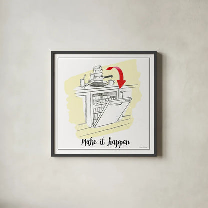 Home Improvement V with Color Script by Myles Sullivan. Shown in a sleek black glass frame for a contemporary gallery look. Available as an archival giclee rolled canvas, fine art paper, or poster print. SKU 34574a.