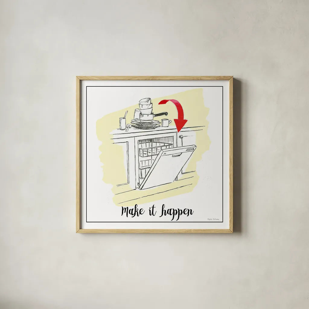 Home Improvement V with Color Script by Myles Sullivan. Shown in a natural wood glass frame for a timeless modern aesthetic. Available as an archival giclee rolled canvas, fine art paper, or poster print. SKU 34574a.