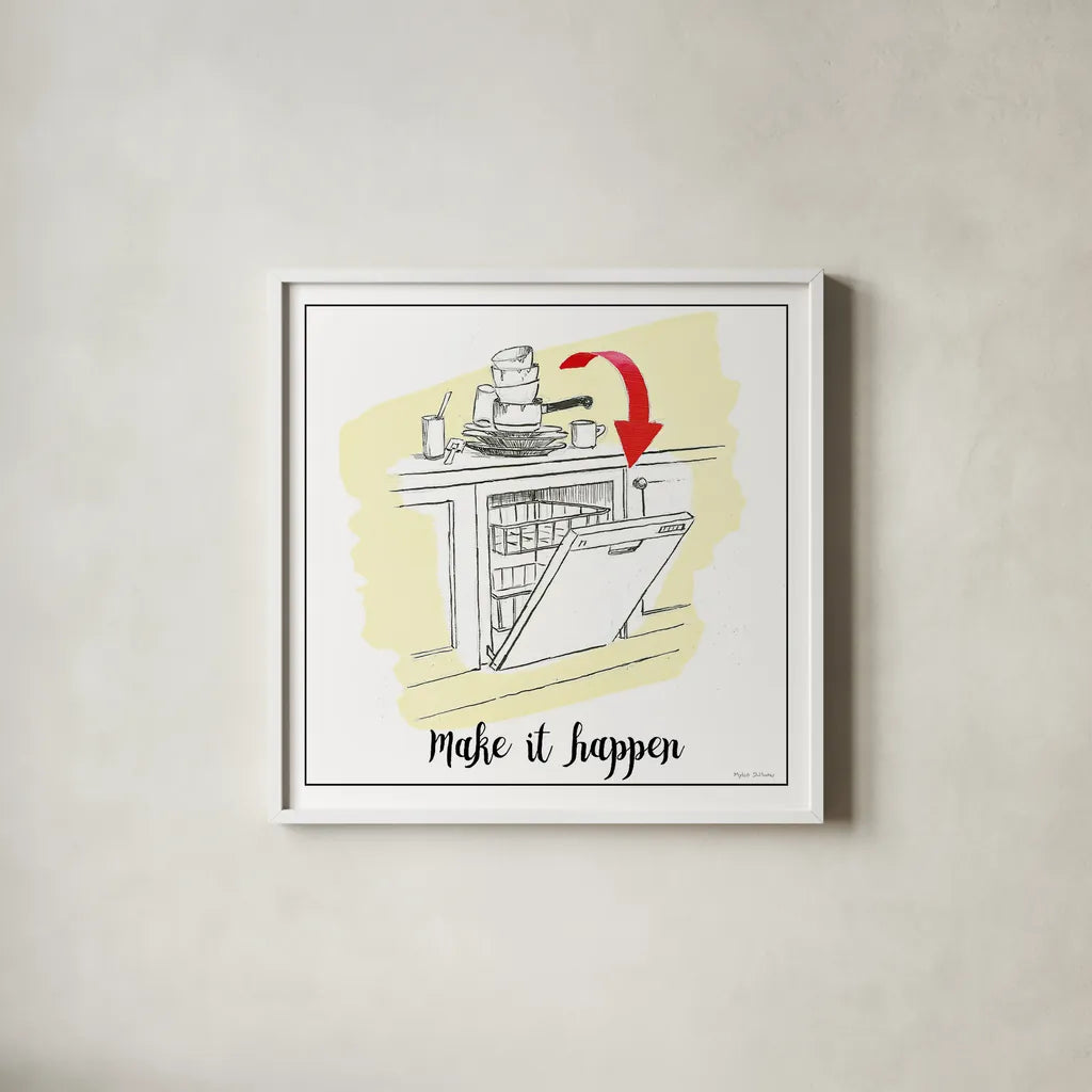 Home Improvement V with Color Script by Myles Sullivan. Shown in a crisp white glass frame for a clean and minimalist style. Available as an archival giclee rolled canvas, fine art paper, or poster print. SKU 34574a.