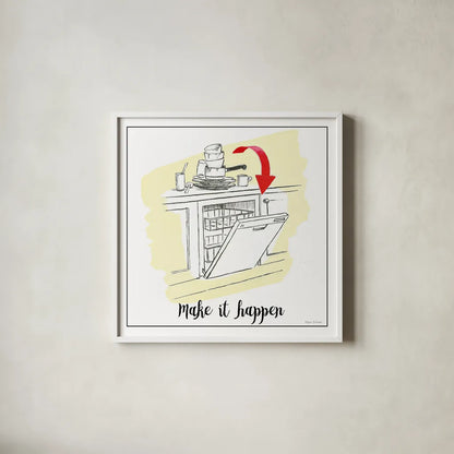 Home Improvement V with Color Script by Myles Sullivan. Shown in a crisp white glass frame for a clean and minimalist style. Available as an archival giclee rolled canvas, fine art paper, or poster print. SKU 34574a.