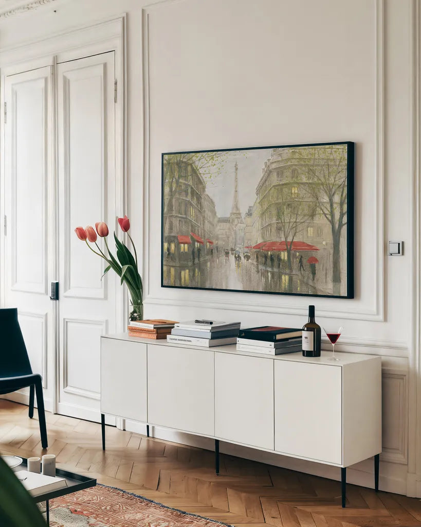 Impression of Paris by Myles Sullivan. shown as a framed stretched canvas in a living room above a console. Available as a archival giclee rolled canvas, fine art paper, or poster print. SKU 22280i.