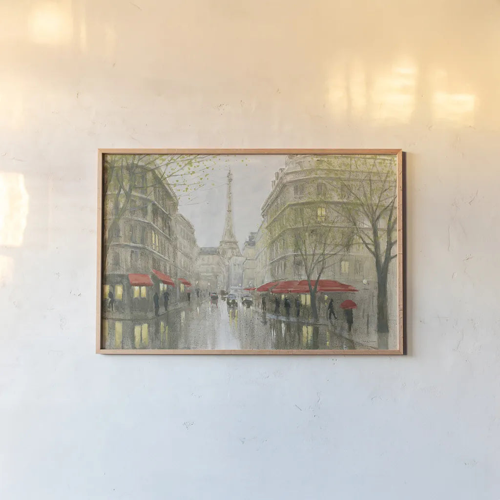 Impression of Paris by Myles Sullivan. shown as a paper print in a natural frame. Available as a archival giclee rolled canvas, fine art paper, or poster print. SKU 22280i.