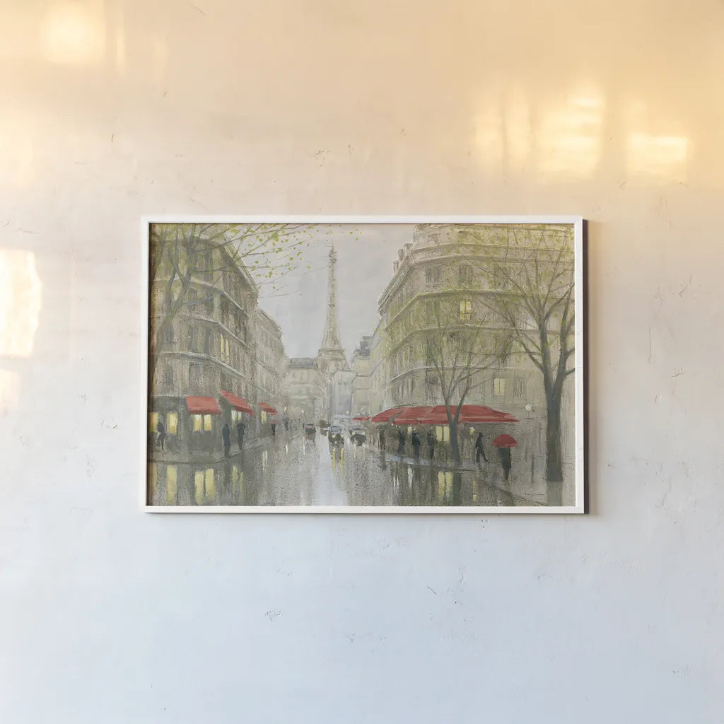 Impression of Paris by Myles Sullivan. shown as a paper print in a white frame. Available as a archival giclee rolled canvas, fine art paper, or poster print. SKU 22280i.