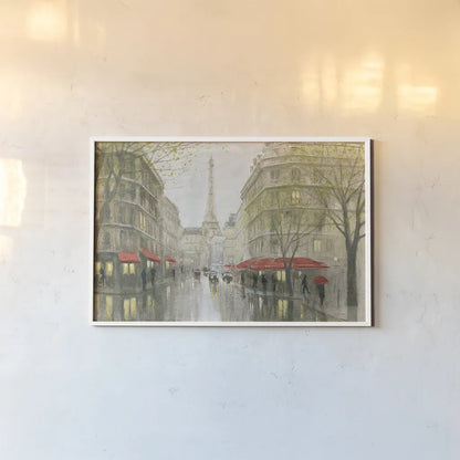 Impression of Paris by Myles Sullivan. shown as a paper print in a white frame. Available as a archival giclee rolled canvas, fine art paper, or poster print. SKU 22280i.