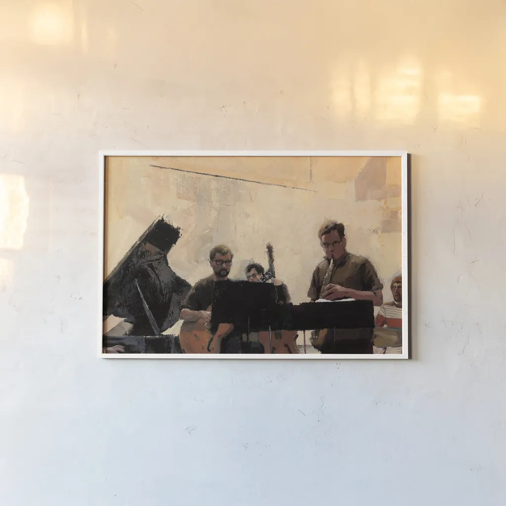 Jammin by Myles Sullivan. shown as a paper print in a white frame. Available as a archival giclee rolled canvas, fine art paper, or poster print. SKU 52602i.