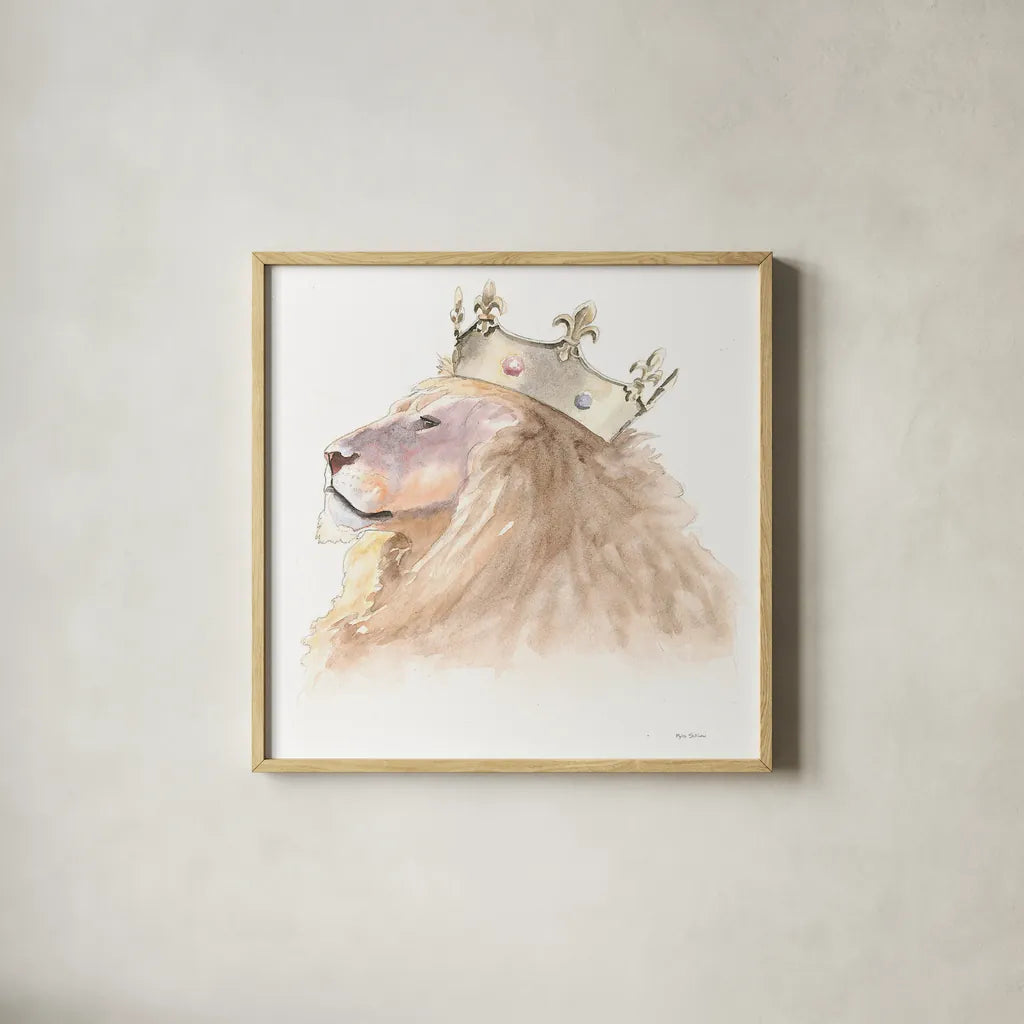 Jungle Royalty I Crop by Myles Sullivan. Shown in a natural wood glass frame for a timeless modern aesthetic. Available as an archival giclee rolled canvas, fine art paper, or poster print. SKU 29086a.