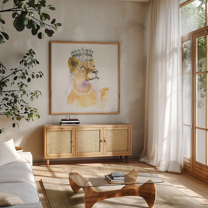 Jungle Royalty II Crop by Myles Sullivan. Shown in a natural wood frame in a cozy modern living room. Available as an archival giclee rolled canvas, fine art paper, or poster print. SKU 29087a.
