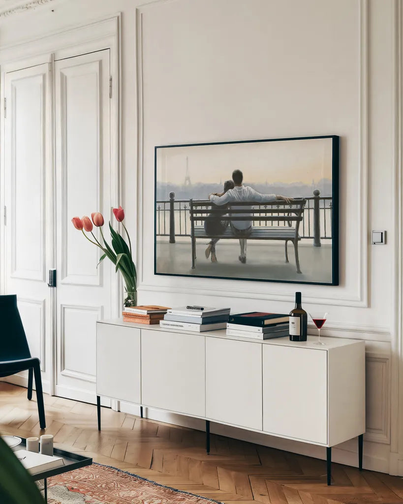 Parisian Afternoon by Myles Sullivan. shown as a framed stretched canvas in a living room above a console. Available as a archival giclee rolled canvas, fine art paper, or poster print. SKU 30215i.