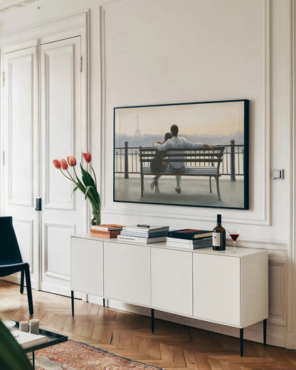 Parisian Afternoon by Myles Sullivan. shown as a framed stretched canvas in a living room above a console. Available as a archival giclee rolled canvas, fine art paper, or poster print. SKU 30215i.