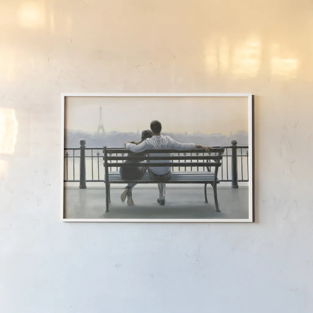 Parisian Afternoon by Myles Sullivan. shown as a paper print in a white frame. Available as a archival giclee rolled canvas, fine art paper, or poster print. SKU 30215i.