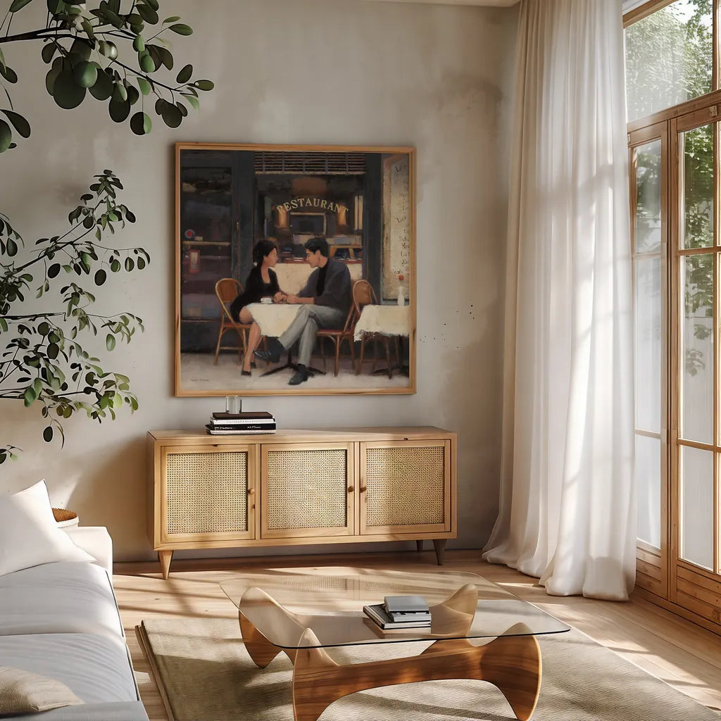 Rendezvous Crop by Myles Sullivan. Shown in a natural wood frame in a cozy modern living room. Available as an archival giclee rolled canvas, fine art paper, or poster print. SKU 10210a.