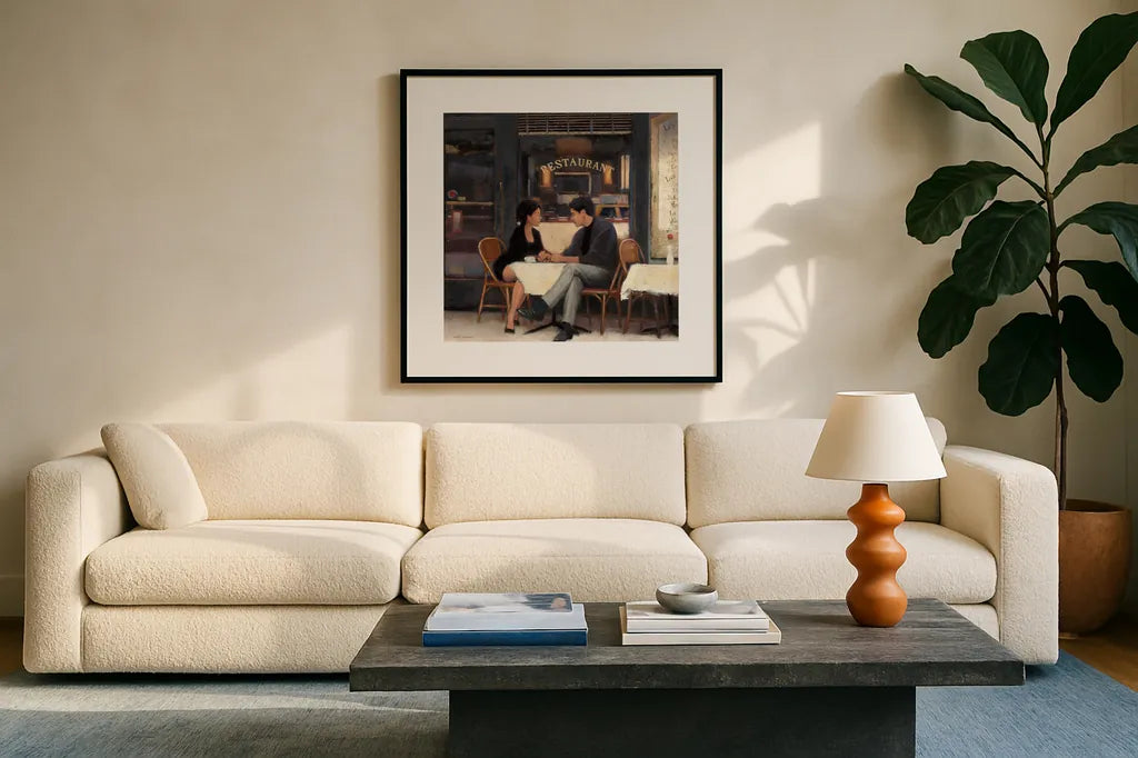 Rendezvous Crop by Myles Sullivan. Displayed in a glass frame with matte in a clean modern living room. Available as an archival giclee rolled canvas, fine art paper, or poster print. SKU 10210a.