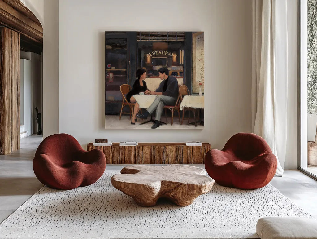 Rendezvous Crop by Myles Sullivan. Shown as extra-large giant wall art in a modern living room. Available as an archival giclee rolled canvas, fine art paper, or poster print. SKU 10210a.