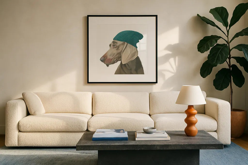 The Boys VI by Myles Sullivan. Displayed in a glass frame with matte in a clean modern living room. Available as an archival giclee rolled canvas, fine art paper, or poster print. SKU 30554a.