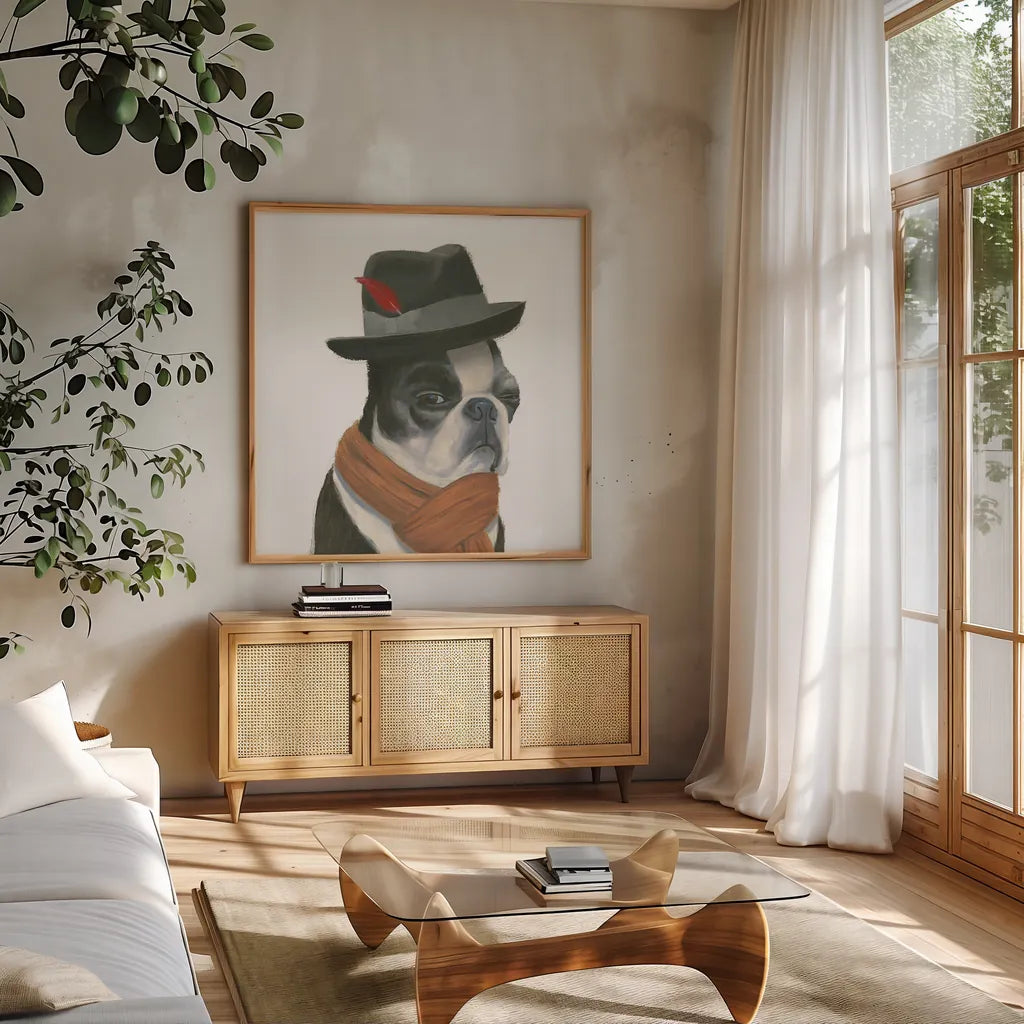 The Boys VIII by Myles Sullivan. Shown in a natural wood frame in a cozy modern living room. Available as an archival giclee rolled canvas, fine art paper, or poster print. SKU 30556a.