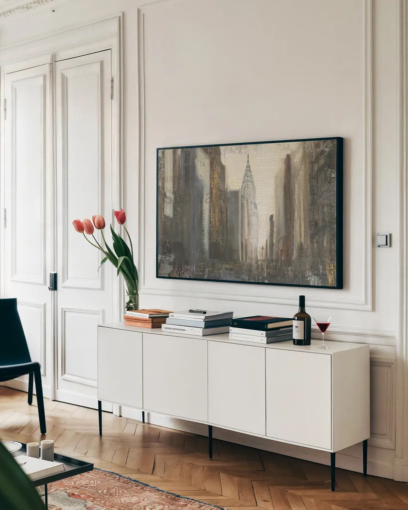 Urban Movement I NY Neutral by Myles Sullivan. shown as a framed stretched canvas in a living room above a console. Available as a archival giclee rolled canvas, fine art paper, or poster print. SKU 16052i.