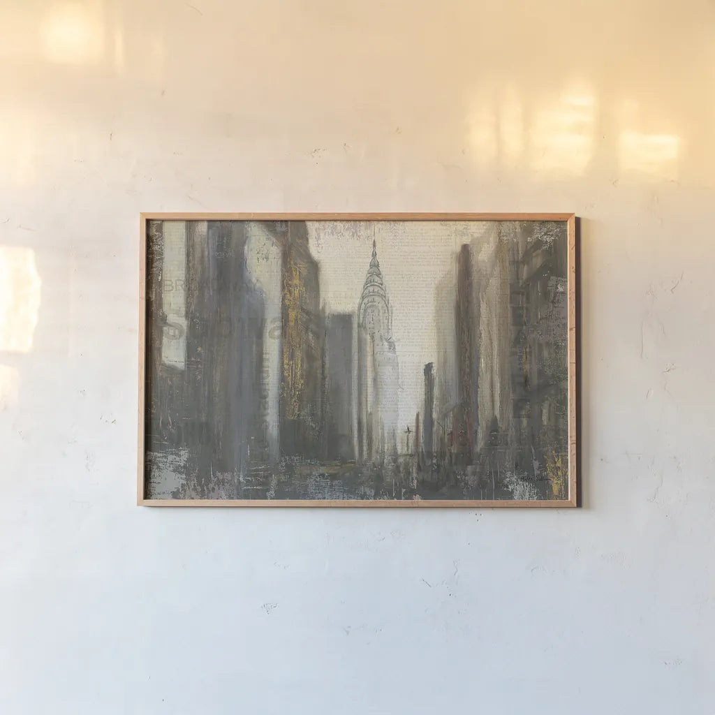 Urban Movement I NY Neutral by Myles Sullivan. shown as a paper print in a natural frame. Available as a archival giclee rolled canvas, fine art paper, or poster print. SKU 16052i.