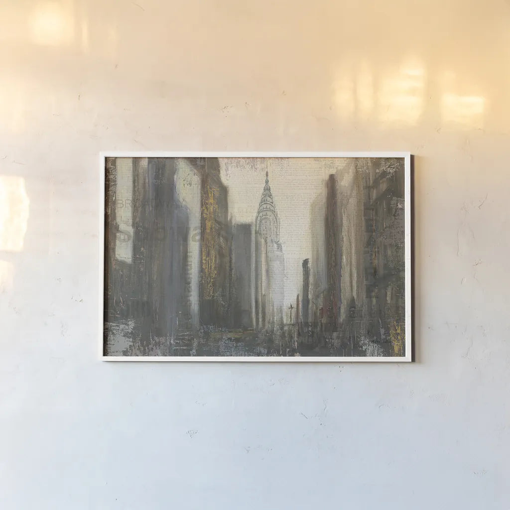 Urban Movement I NY Neutral by Myles Sullivan. shown as a paper print in a white frame. Available as a archival giclee rolled canvas, fine art paper, or poster print. SKU 16052i.