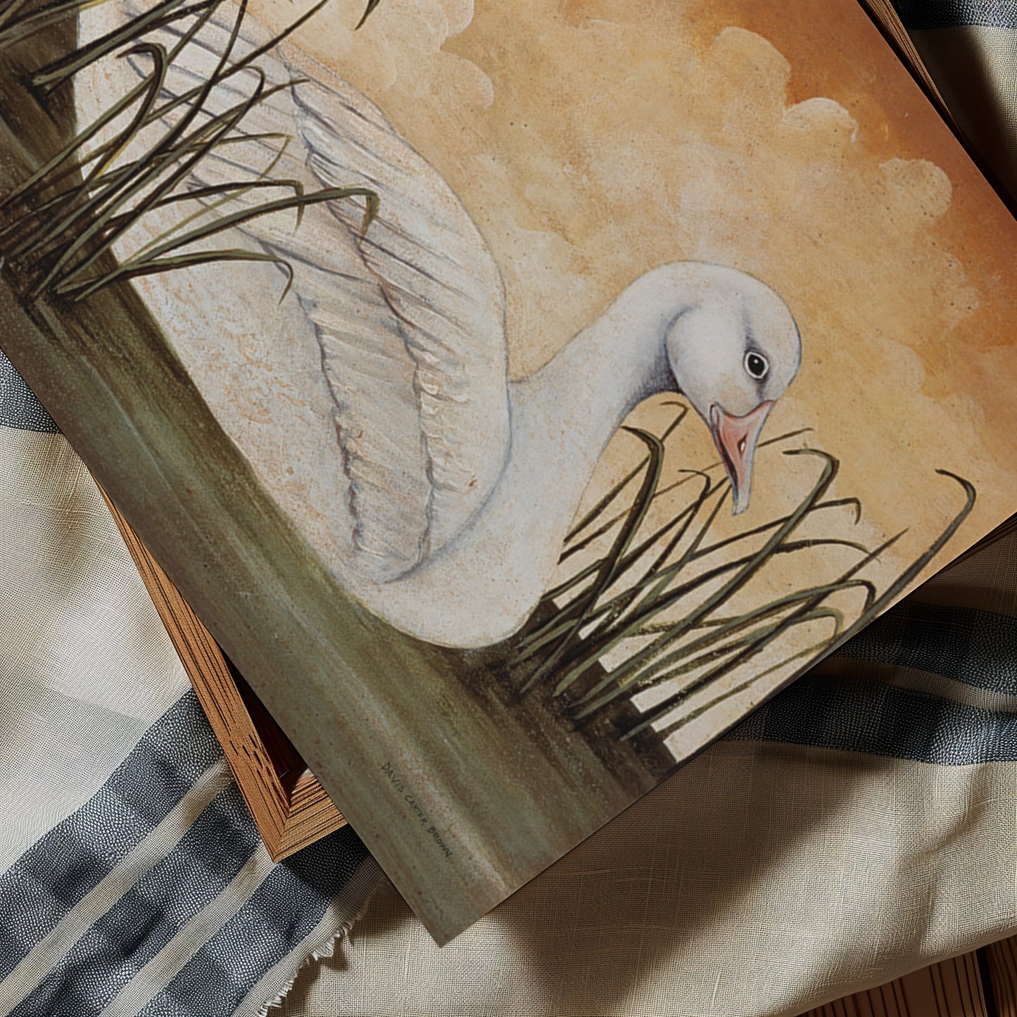 Painting of a duck in a natural setting on a textured surface