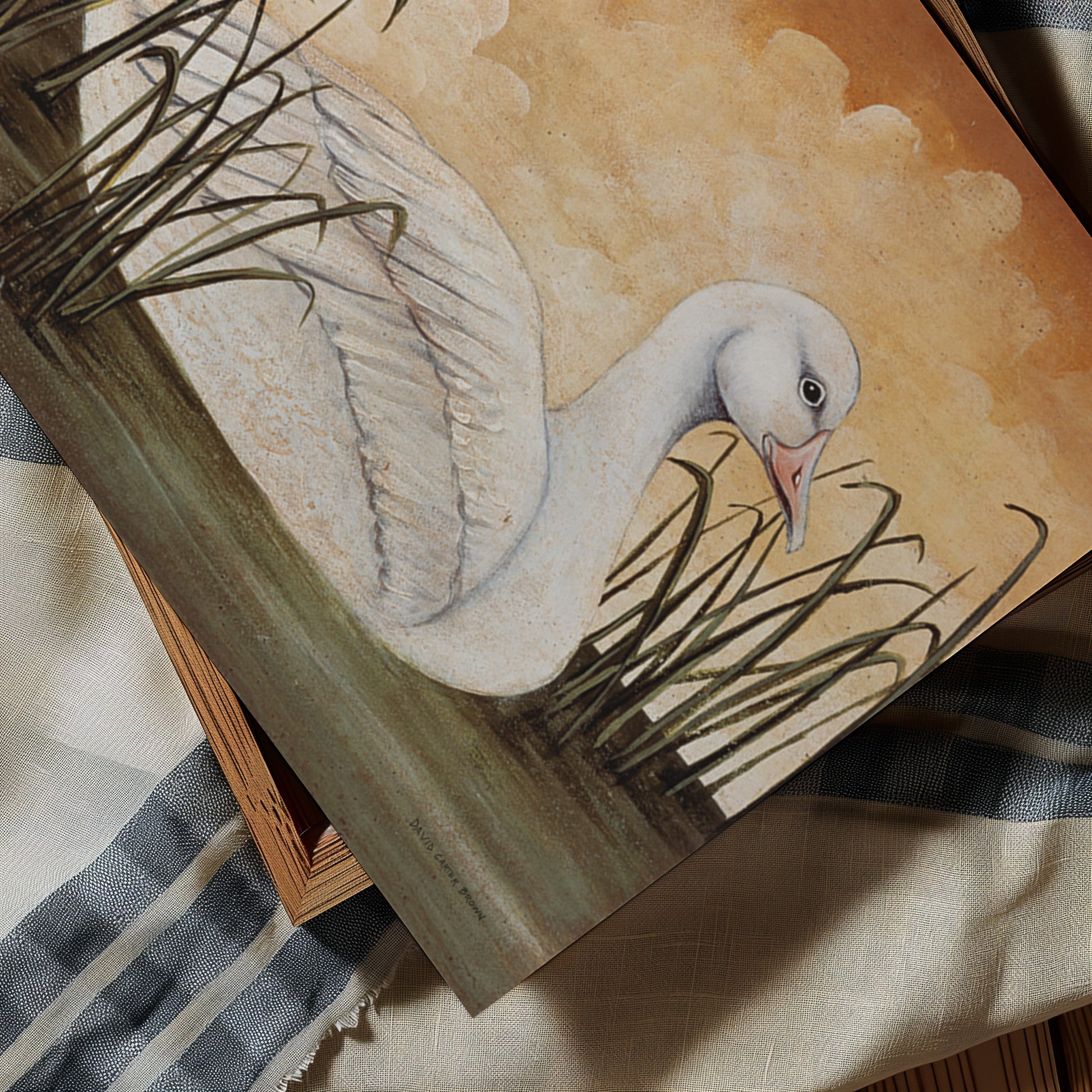 Painting of a duck in a natural setting on a textured surface