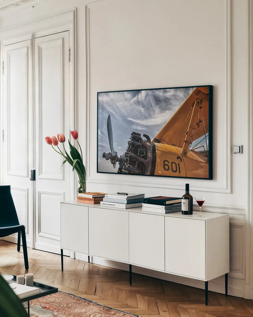 Aero Maquina Big Yellow by Nathan Larson. shown as a framed stretched canvas in a living room above a console. Available as a archival giclee rolled canvas, fine art paper, or poster print. SKU 73109i.