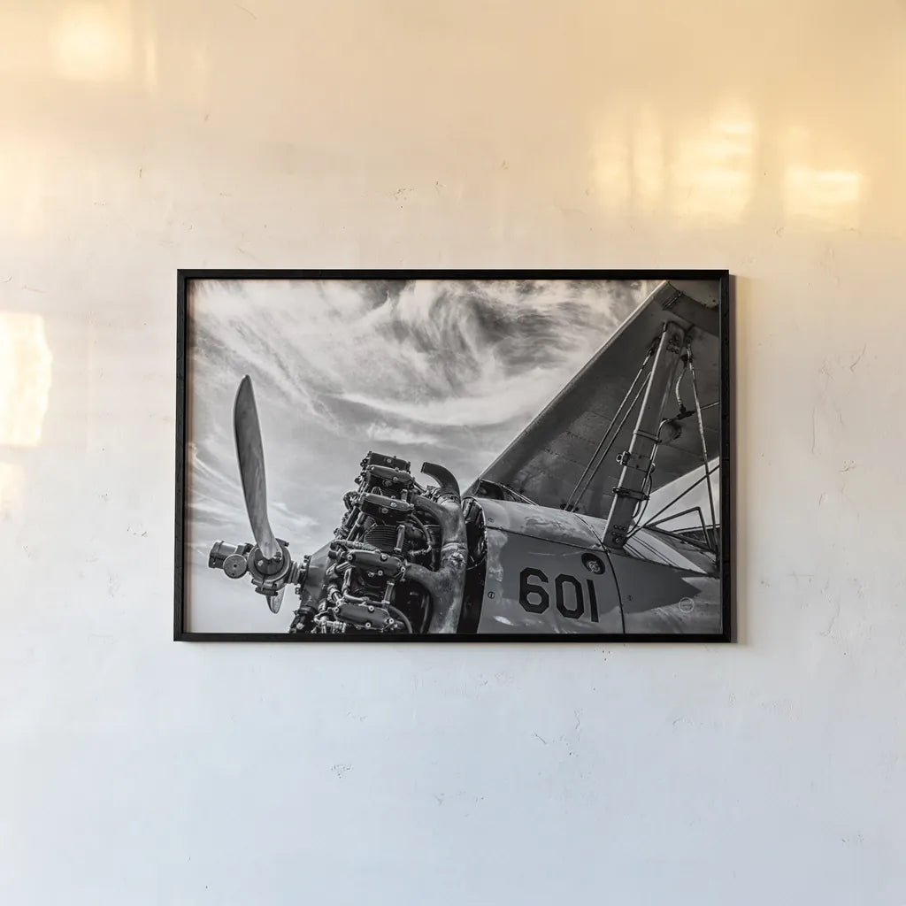 Aero Maquina Big Yellow BW by Nathan Larson. shown as a paper print in a black flame. Available as a archival giclee rolled canvas, fine art paper, or poster print. SKU 73110i.