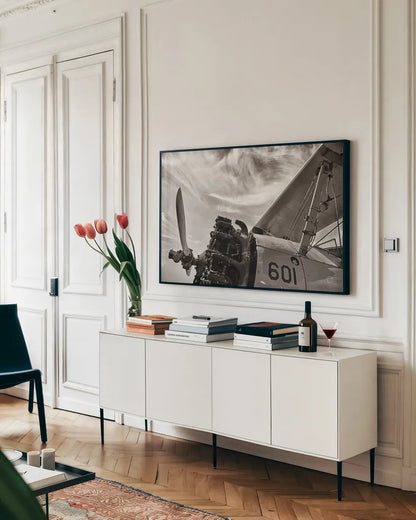 Aero Maquina Big Yellow Sepia by Nathan Larson. shown as a framed stretched canvas in a living room above a console. Available as a archival giclee rolled canvas, fine art paper, or poster print. SKU 73111i.