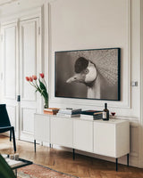 African Crowned Crane BW by Nathan Larson. shown as a framed stretched canvas in a living room above a console. Available as a archival giclee rolled canvas, fine art paper, or poster print. SKU 82301i.