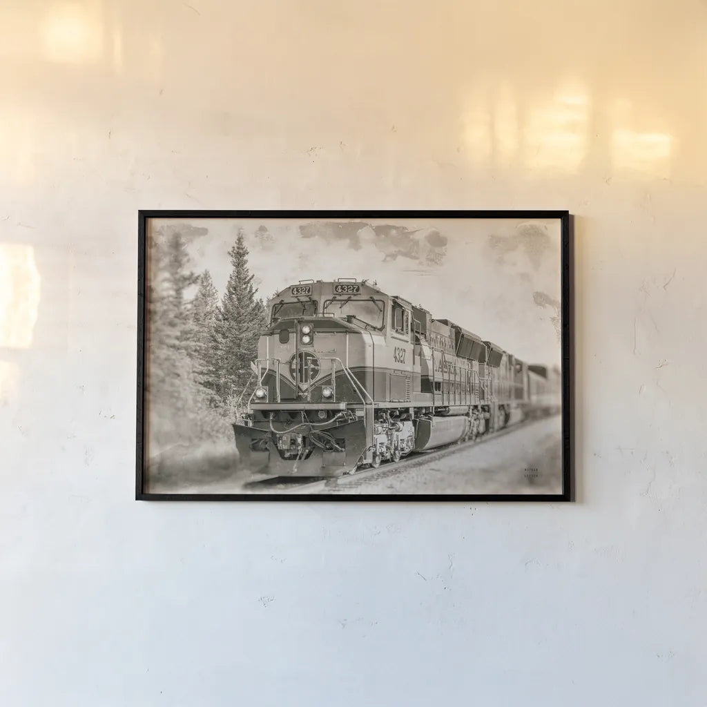 Alaskan Railroad in Denali by Nathan Larson. shown as a paper print in a black flame. Available as a archival giclee rolled canvas, fine art paper, or poster print. SKU 94124i.
