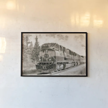 Alaskan Railroad in Denali by Nathan Larson. shown as a paper print in a black flame. Available as a archival giclee rolled canvas, fine art paper, or poster print. SKU 94124i.