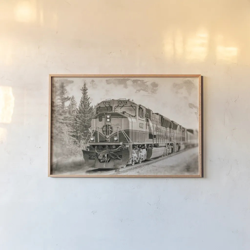 Alaskan Railroad in Denali by Nathan Larson. shown as a paper print in a natural frame. Available as a archival giclee rolled canvas, fine art paper, or poster print. SKU 94124i.
