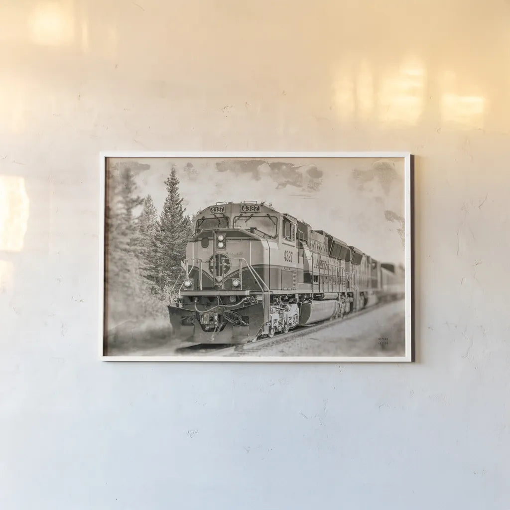 Alaskan Railroad in Denali by Nathan Larson. shown as a paper print in a white frame. Available as a archival giclee rolled canvas, fine art paper, or poster print. SKU 94124i.