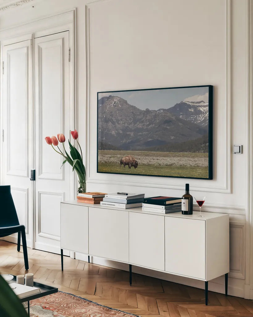 American Icon by Nathan Larson. shown as a framed stretched canvas in a living room above a console. Available as a archival giclee rolled canvas, fine art paper, or poster print. SKU 92468i.