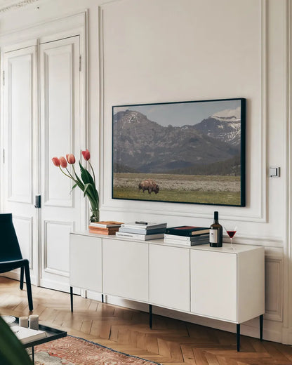 American Icon by Nathan Larson. shown as a framed stretched canvas in a living room above a console. Available as a archival giclee rolled canvas, fine art paper, or poster print. SKU 92468i.