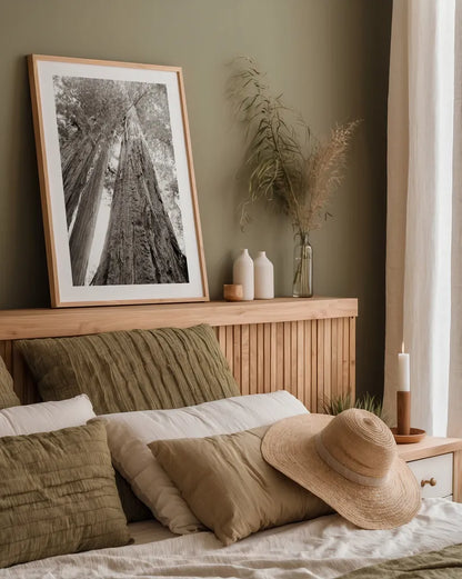 Ancient Redwood Forest by Nathan Larson. shown as a paper print in a natural frame. Available as a archival giclee rolled canvas, fine art paper, or poster print. SKU 90477h.