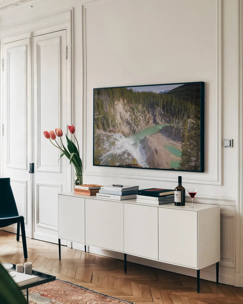 Approaching by Nathan Larson. shown as a framed stretched canvas in a living room above a console. Available as a archival giclee rolled canvas, fine art paper, or poster print. SKU 82408i.