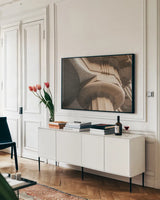 Arch Angles I by Nathan Larson. shown as a framed stretched canvas in a living room above a console. Available as a archival giclee rolled canvas, fine art paper, or poster print. SKU 87726i.