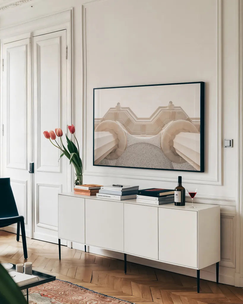 Arch Angles II by Nathan Larson. shown as a framed stretched canvas in a living room above a console. Available as a archival giclee rolled canvas, fine art paper, or poster print. SKU 87727i.