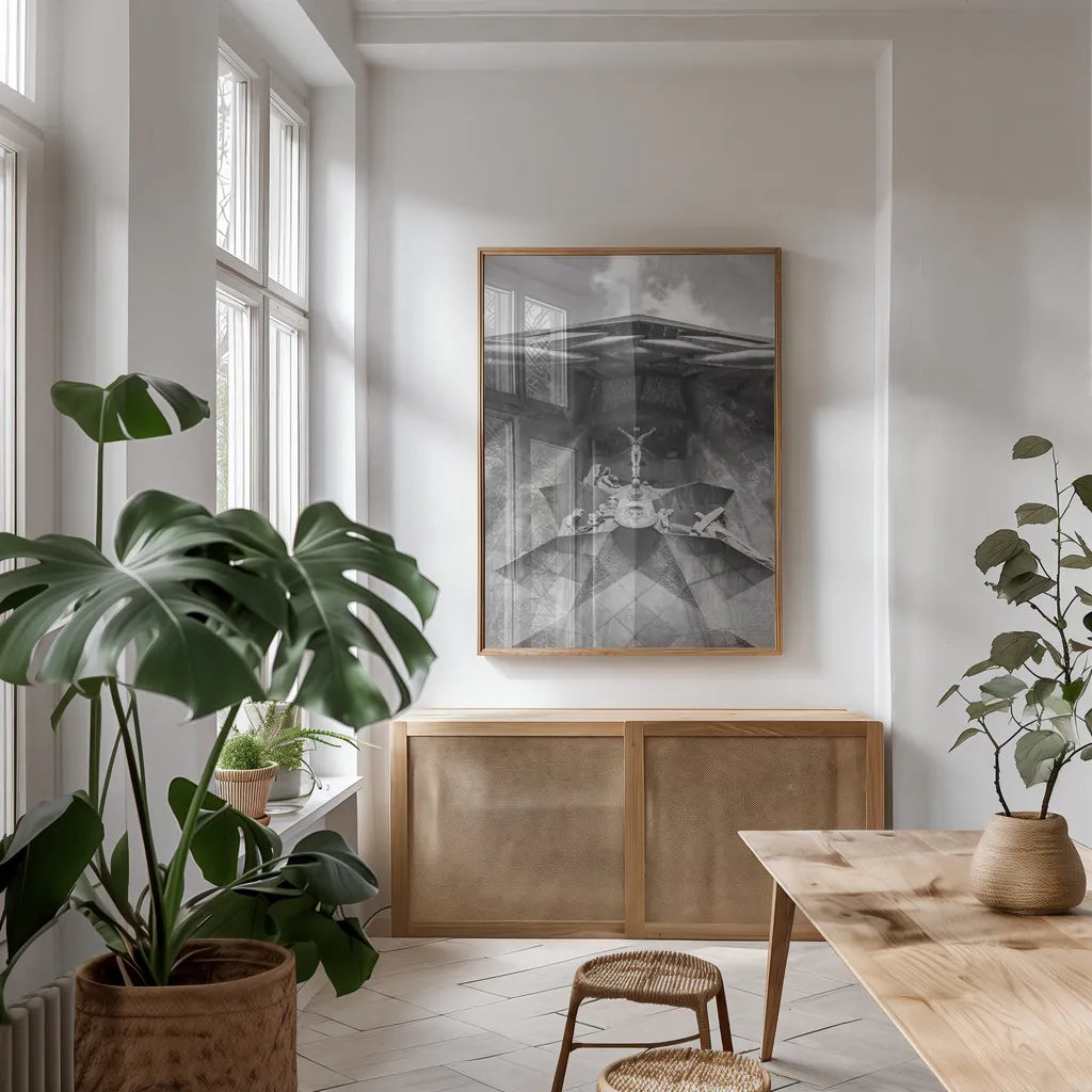 Architecture of Spain III by Nathan Larson. shown as a print in a natural wood frame in a dining room. Available as a archival giclee rolled canvas, fine art paper, or poster print. SKU 85790h.