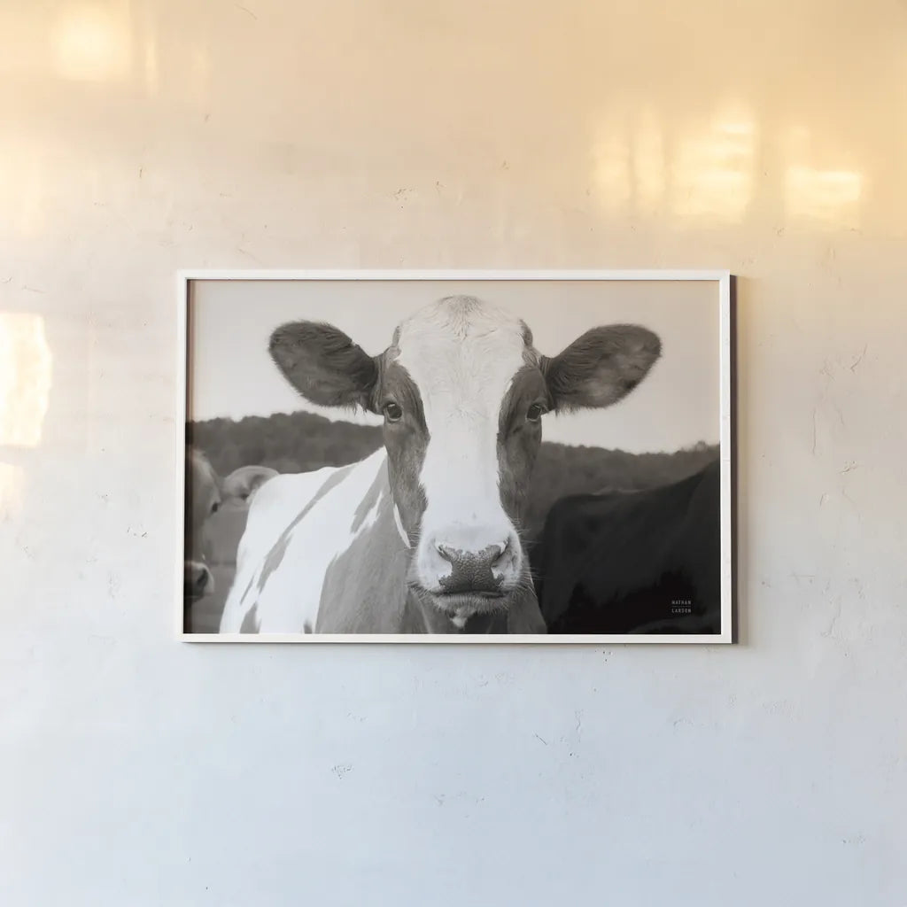 At the Barn by Nathan Larson. shown as a paper print in a white frame. Available as a archival giclee rolled canvas, fine art paper, or poster print. SKU 82813i.