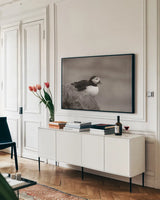 Atlantic Puffin Resting Sepia by Nathan Larson. shown as a framed stretched canvas in a living room above a console. Available as a archival giclee rolled canvas, fine art paper, or poster print. SKU 100608i.