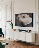 Atlantic Puffin Tucked by Nathan Larson. shown as a framed stretched canvas in a living room above a console. Available as a archival giclee rolled canvas, fine art paper, or poster print. SKU 100611i.